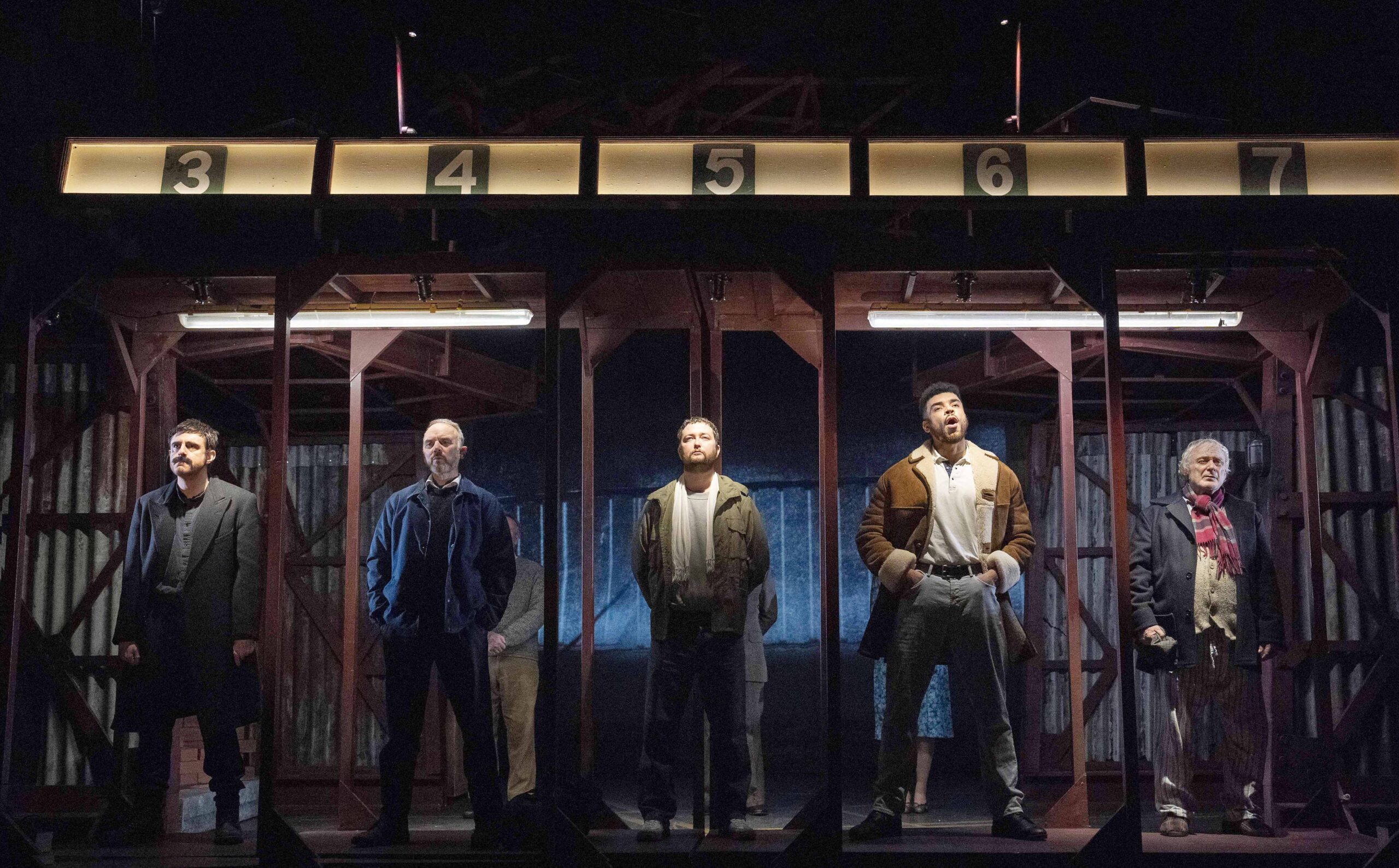 L - R - Jay Johnson (Yosser), Mark Womack (Dixie), George Caple (Chrissie), Jurell Carter (Loggo) and Ged McKenna (George) - each stood under a number.