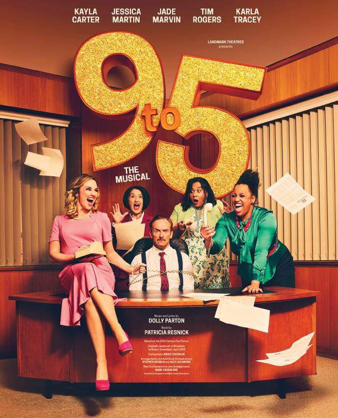 A poster for 9 to 5 the musical, featuring 4 shocked women and one tied up man