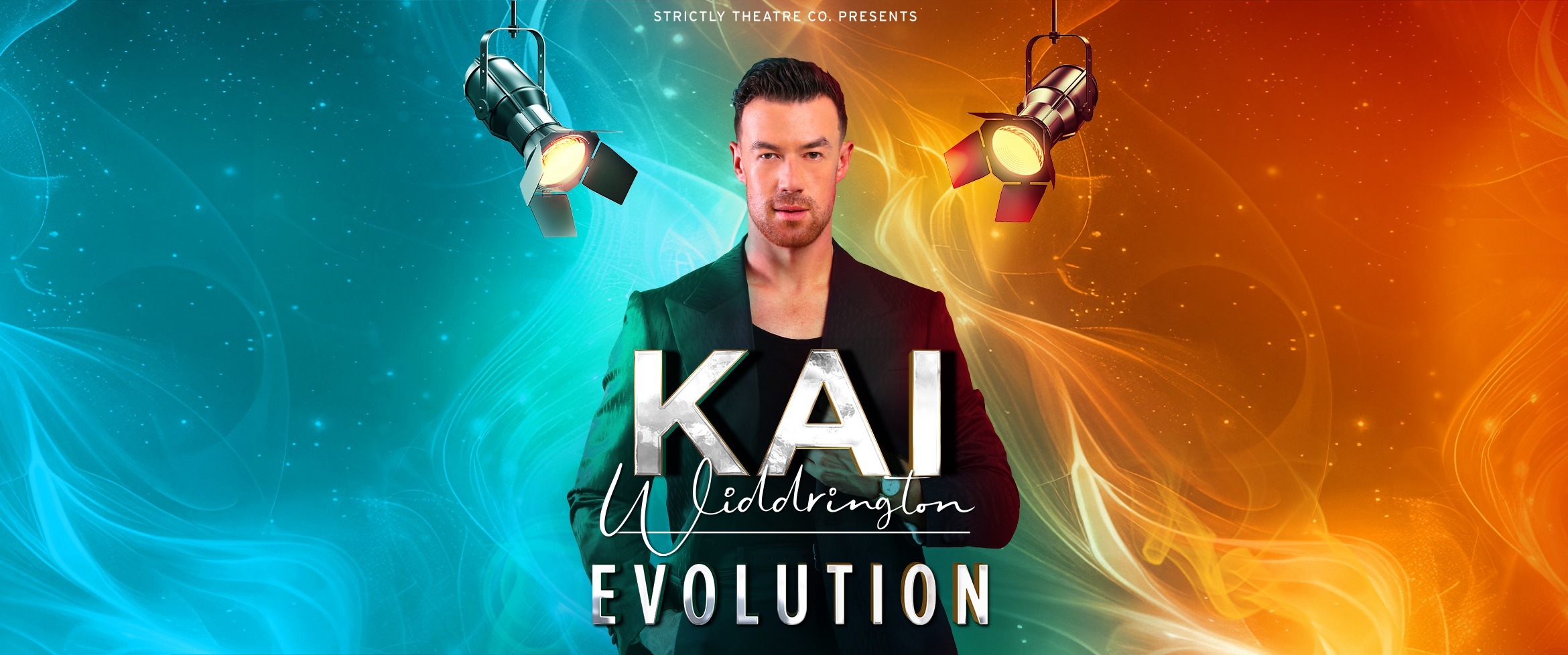 A poster for Kai Widdrington, blue and orange flames mix in the middle behind Kai