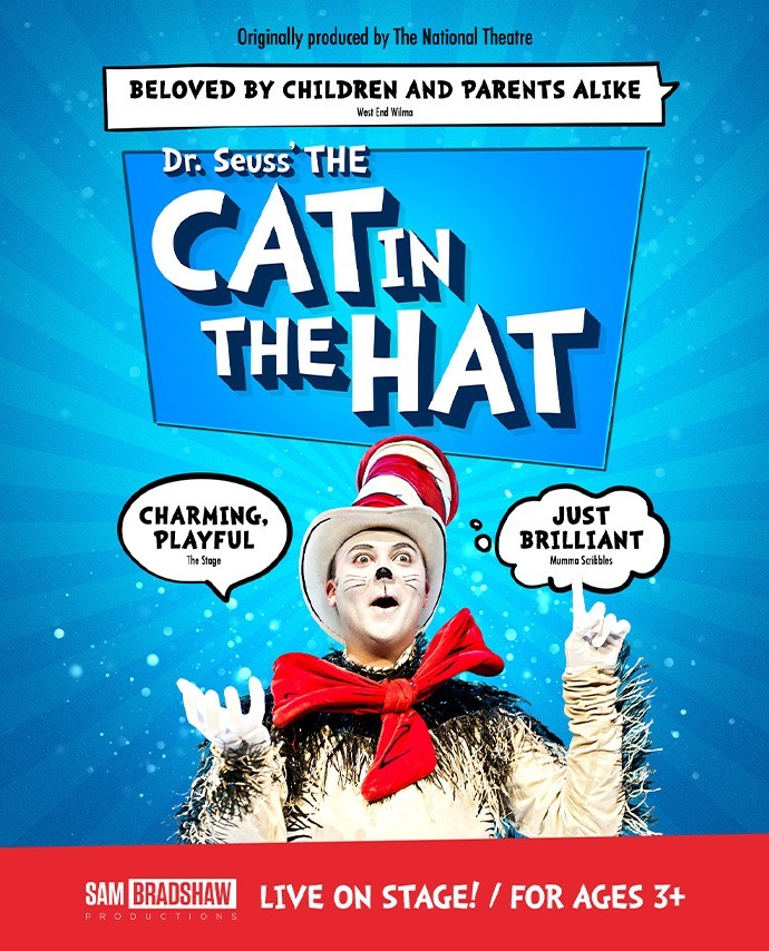 A poster for Cat in the Hat, with quotes saying charming and just brilliant.