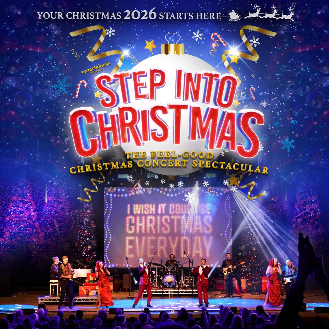 A poster for Step Into Christmas, with singers wearing red velvet dresses in fake snow.